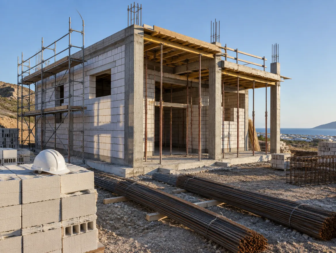 Vivienda en construcción con andamios y casco blanco