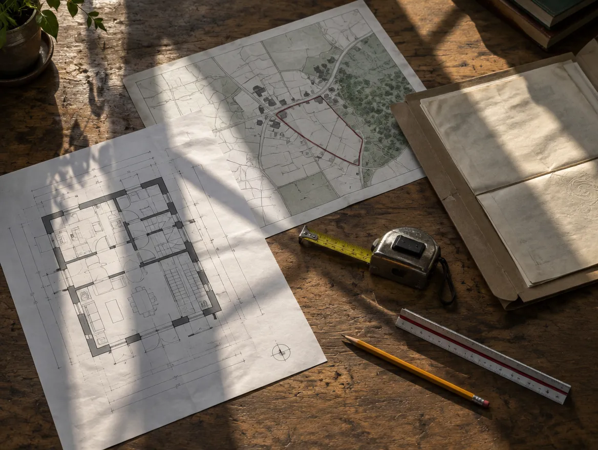 Planos, plano catastral y escritura sobre una mesa de madera