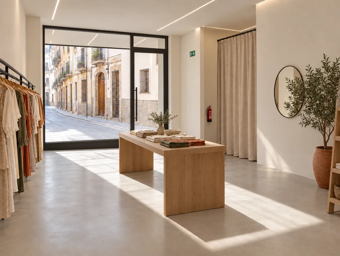 Recreación del mismo local convertido en tienda de ropa moderna con escaparate y puerta