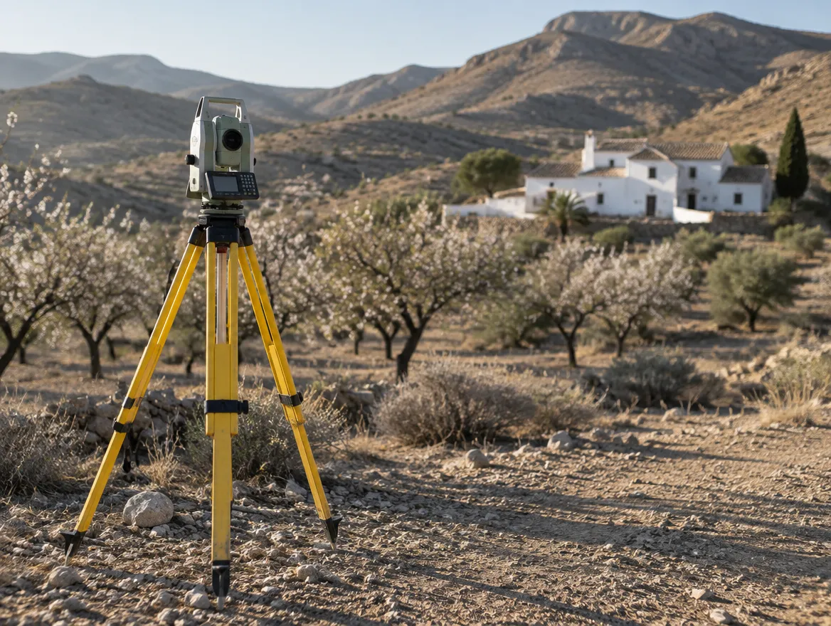 Estación total sobre trípode en un terreno de secano con un cortijo al fondo